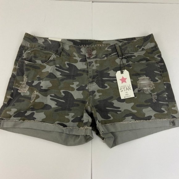 - Vanilla Star Green Camo Distressed Midi Shorts - Picture 4 of 9
